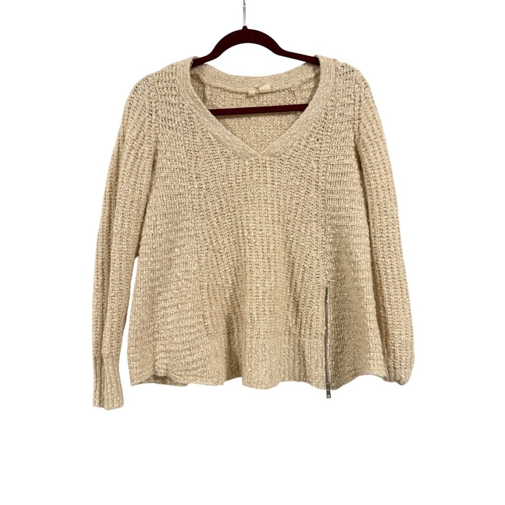 Anthropologie Moth Cream Marled Knit V-Neck Sweater with Side Zipper‎ Size S